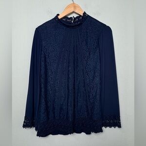 Chico’s‎ Lace Front Top Long Sleeve Fashion Knit Blouse Deep Navy Chico’s Size 0
